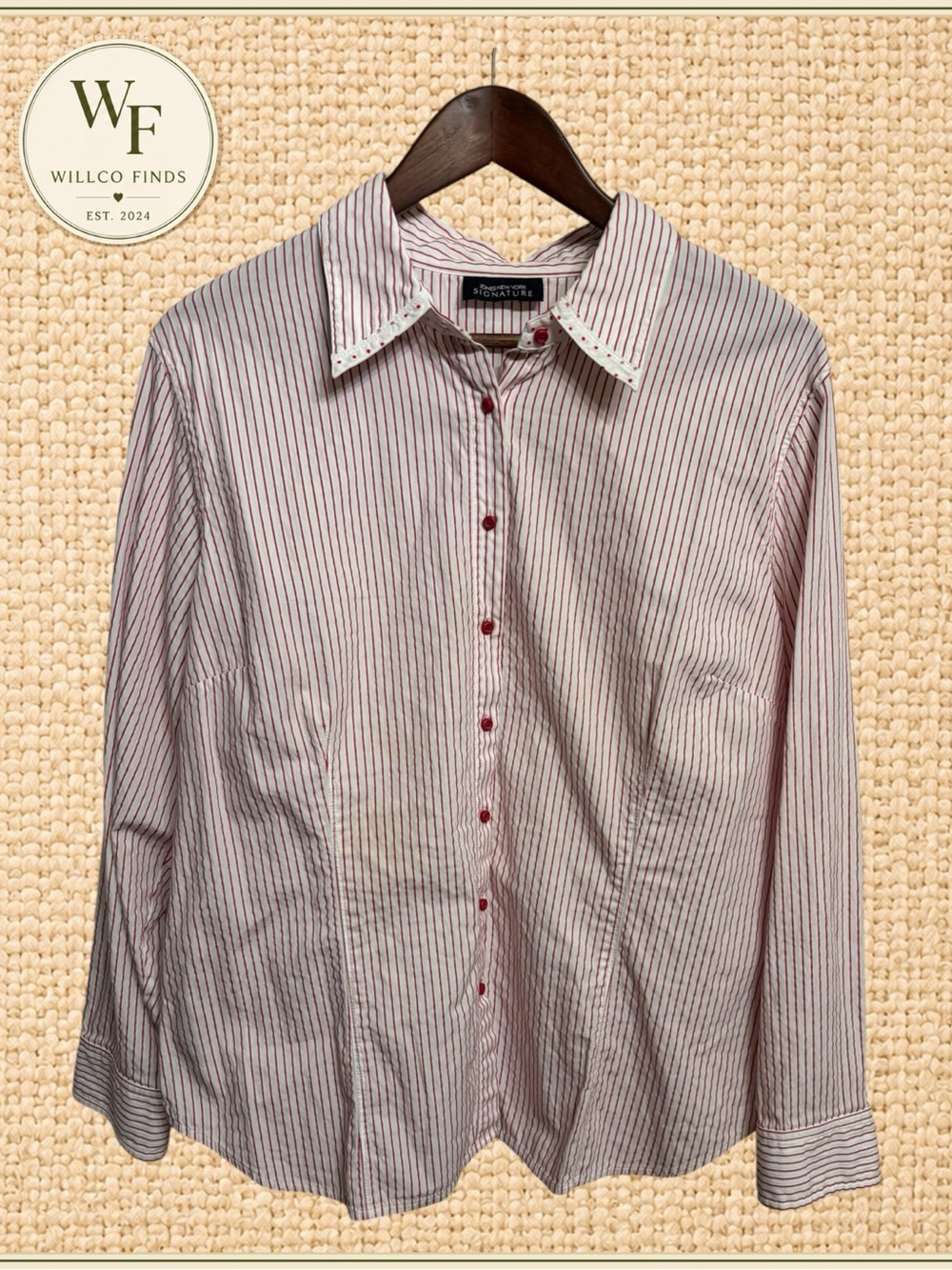 Jones New York Signature Red White Pinstripe Button Down Shirt Polka Dot Trim